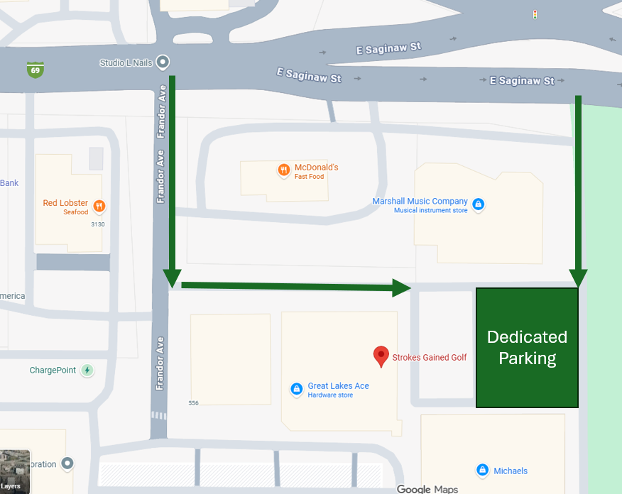 Strokes Gained Golf Location Map with Dedicated Parking